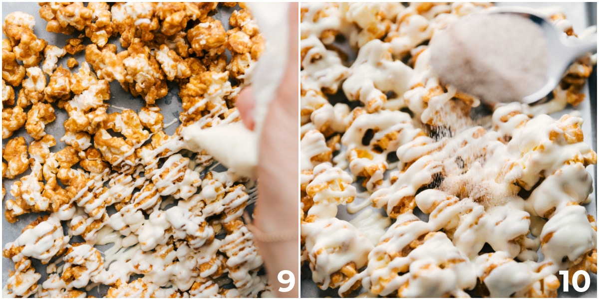White Chocolate Cinnamon Roll Popcorn White chocolate drizzled on top with cinnamon sugar sprinkled over this cinnamon roll popcorn.