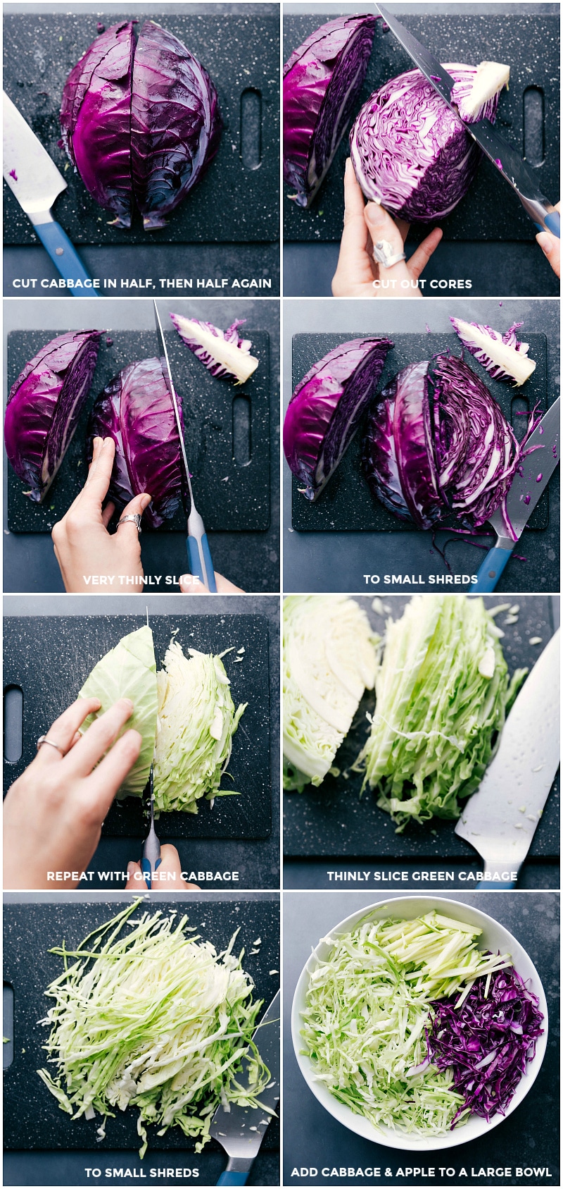Preparing Coleslaw: Quartering and Slicing Cabbage, Adding Apple Matchsticks Red and green cabbage and apples being quartered and thinly sliced for this coleslaw recipe.