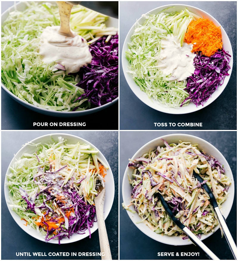 Mixing Coleslaw: Pouring Dressing Over Ingredients and Combining Finished dressing being poured over other ingredients and everything being thoroughly mixed together.