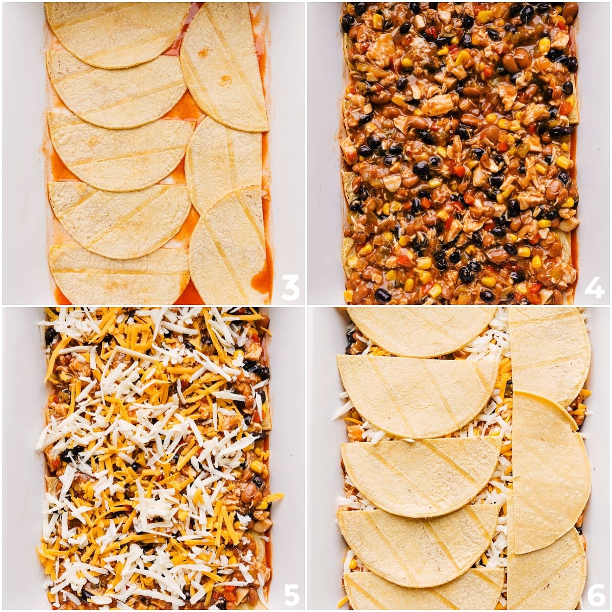 Layering Sauce, Tortillas, and Filling in Chicken Enchiladas Casserole The dish being layered in a pan, starting with sauce, followed by tortillas, the filling, and cheese, then repeating the layers.