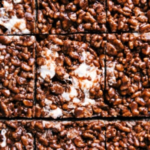 Chocolate Rice Krispie Treats cut into squares.