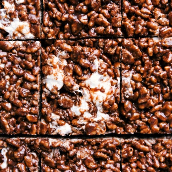 Chocolate Rice Krispie Treats cut into squares.