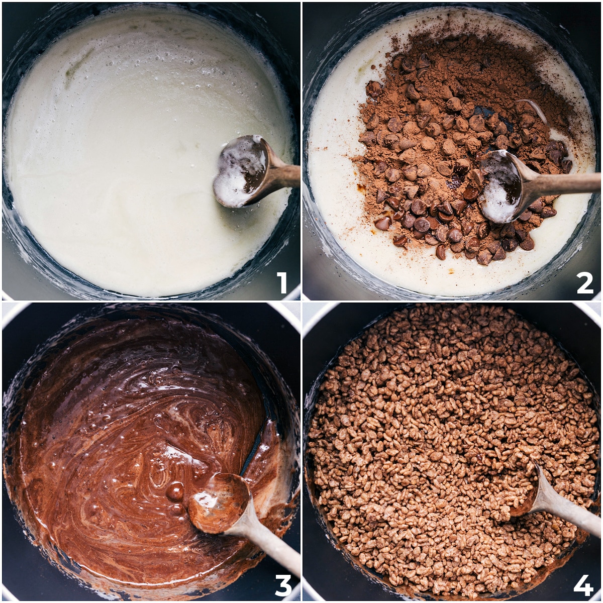 How To Make Chocolate Rice Krispie Treats Marshmallows being melted down and cocoa powder being added and the cereal being mixed in.