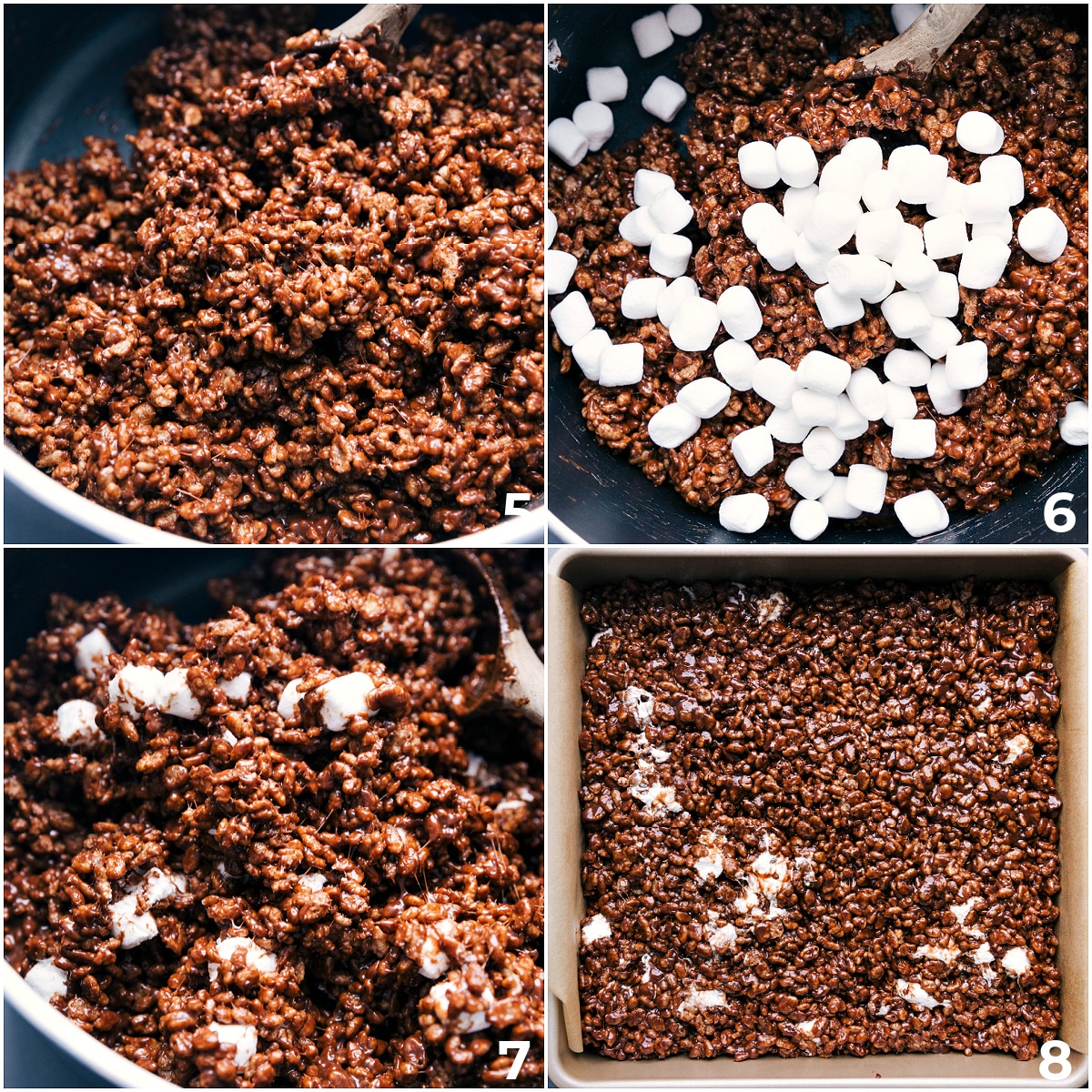 Simple And Delicious Chocolate Rice Krispie Treats The mixture being pressed into a 9x9 pan to harden.