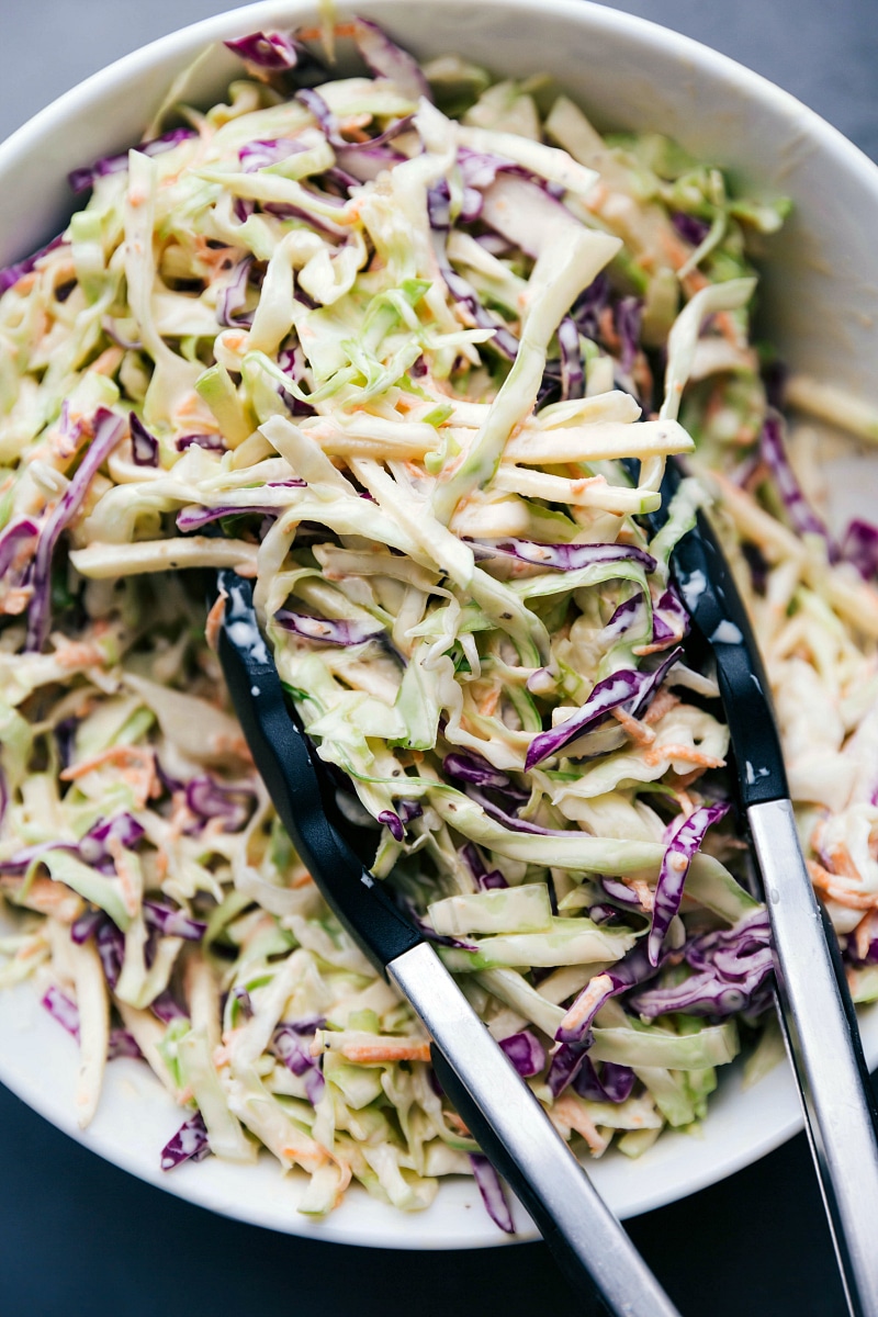 Ready-to-Serve Dressed Coleslaw in a Large Bowl Coleslaw recipe in a large serving bowl, fully dressed and ready to enjoy.