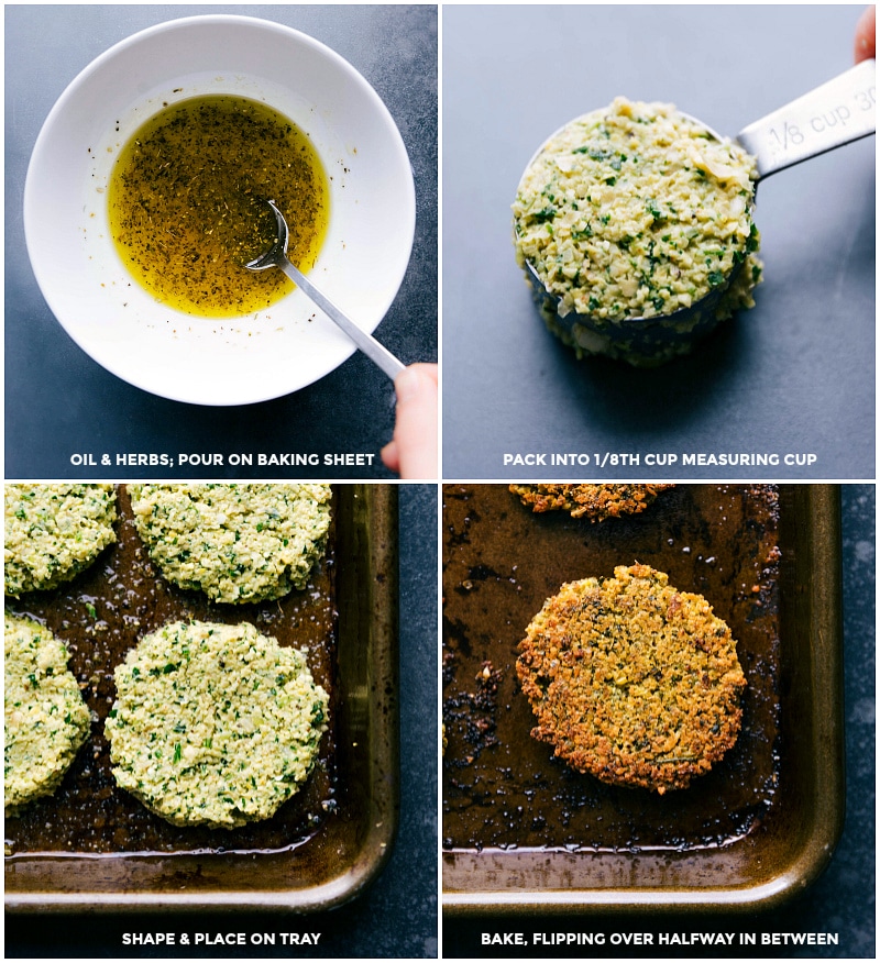 Herbed oil for dipping falafel before baking, falafel mixture in a measuring cup for consistent sizing, and falafel placed on a tray for baking.