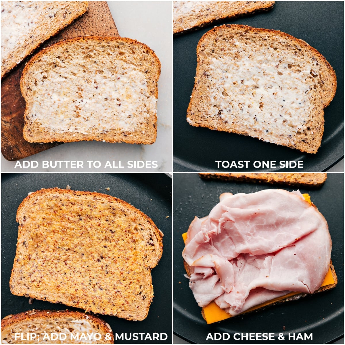 How To Make Ham And Cheese Sandwiches Buttering both sides of the bread and then layering in the cheese and ham for these ham and cheese sandwiches.
