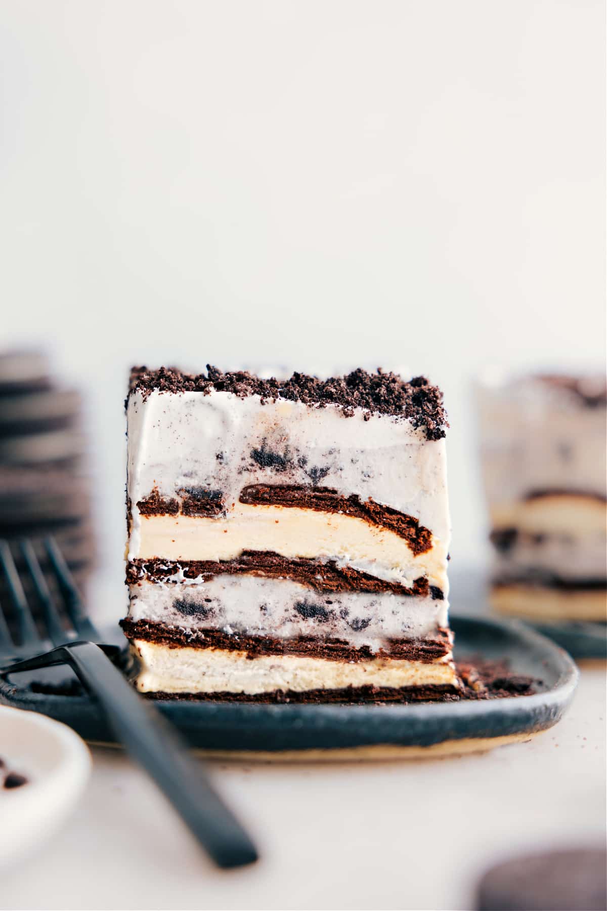 Four-ingredient Ice Cream Sandwich Cake slice on a plate.