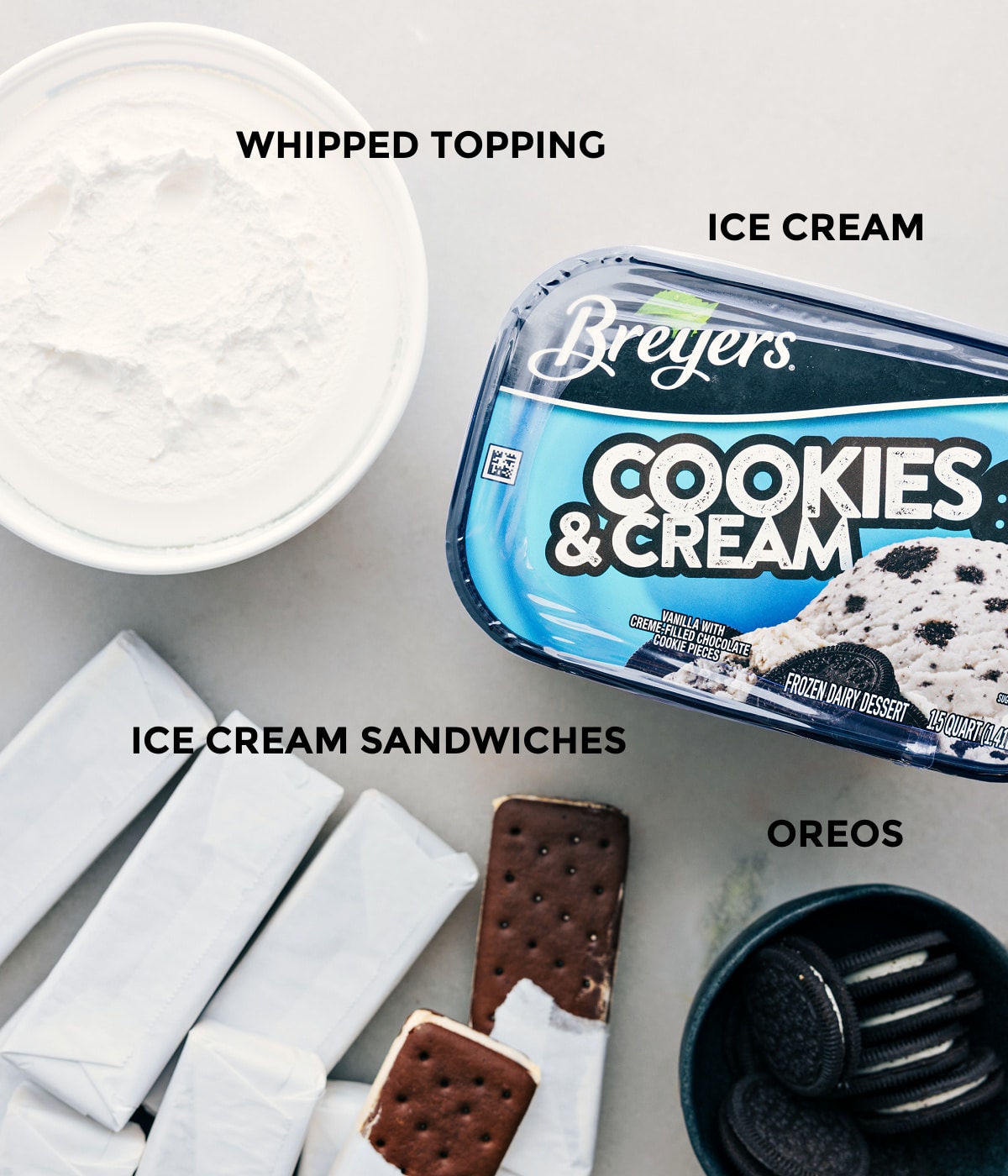 Ingredients In Ice Cream Sandwich Cake All 4 of the ingredients in this recipe prepped out for easy assembly.