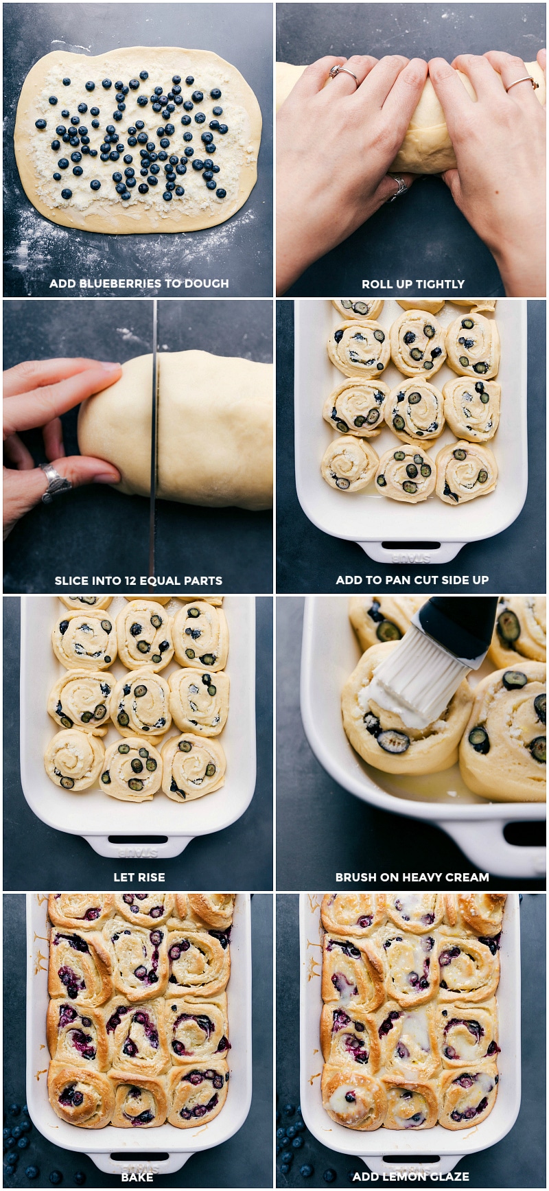 Creating Blueberry Lemon Sweet Rolls: From Assembly to Baking and Glazing Assembly of blueberry lemon sweet rolls: adding blueberries, rolling, slicing, and baking, with glaze being drizzled on top.