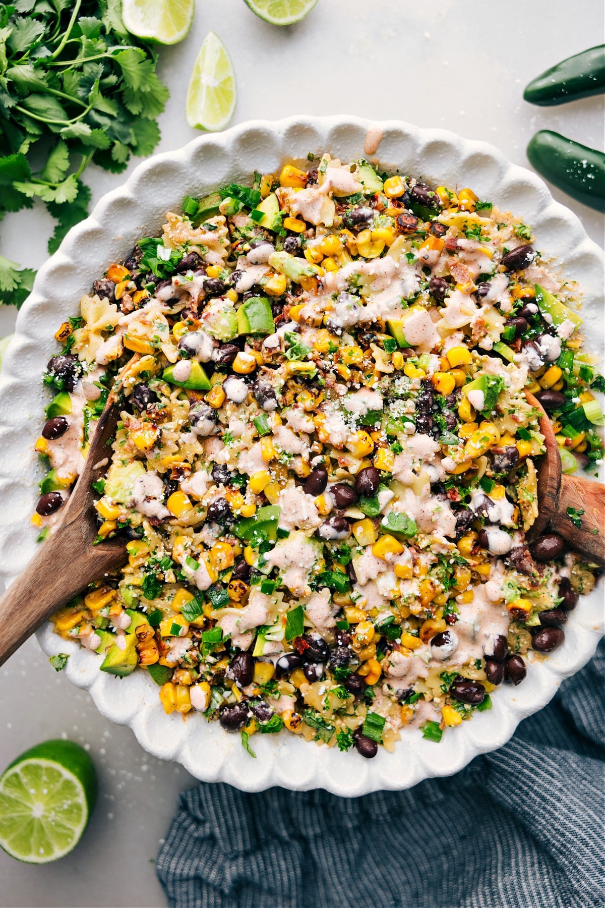 Mexican Street Corn Pasta Salad in a bowl, dressed, and ready to enjoy.