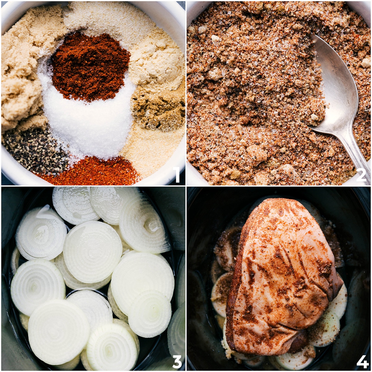 Making Crockpot BBQ Pulled Pork: Seasoning Pork, Adding to Crockpot with Onions and Apple Juice, Cooking, Shredding, and Sauce Spice mix, onions, and pork added to crockpot to slow cook.
