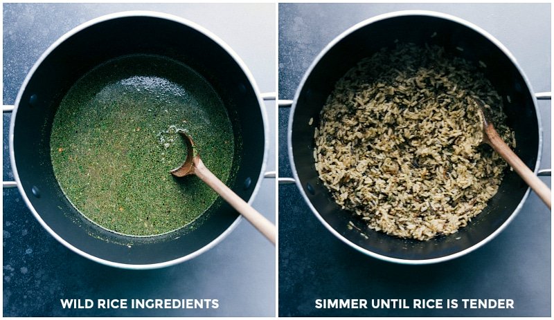 Making Wild Rice: Combining Ingredients and Simmering to Tenderness Combining ingredients for wild rice in a pan and simmering until the rice is tender.