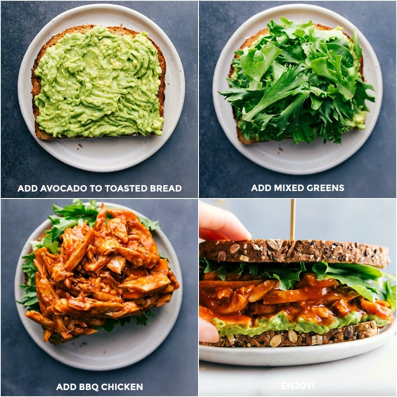 BBQ Chicken Sandwich Assembly - Delicious Layers Ready for Enjoyment Assembling the best BBQ chicken sandwich recipe by adding creamy avocado to toasted bread, layering with mixed greens, chicken, and topping with the other piece of bread.