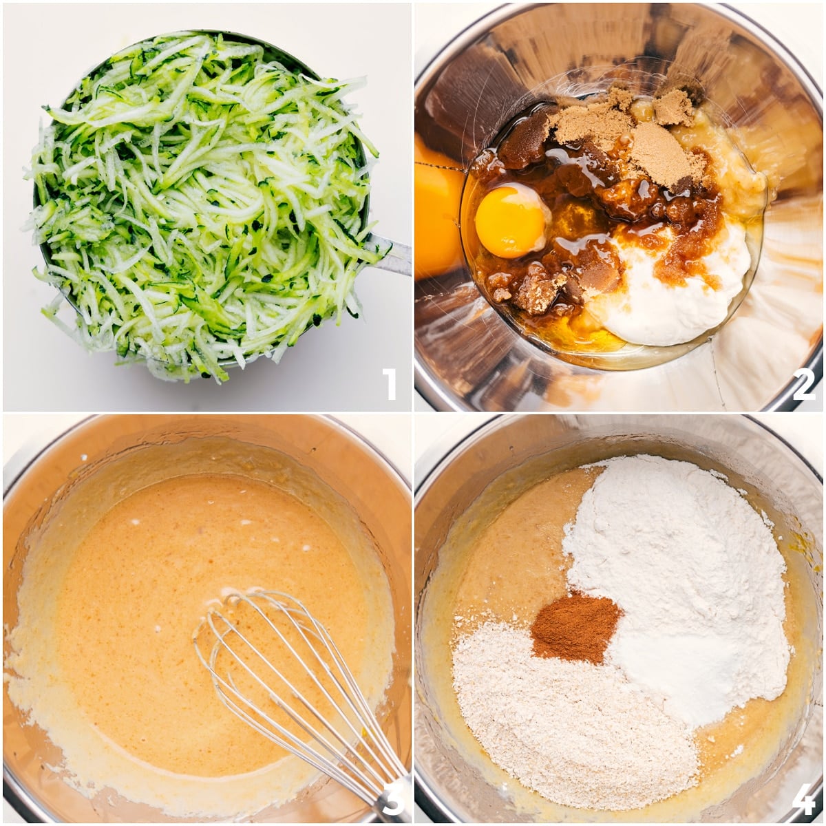 Shredded zucchini measured out alongside the wet and dry ingredients being whisked together in one bowl for these Banana Zucchini Muffins.
