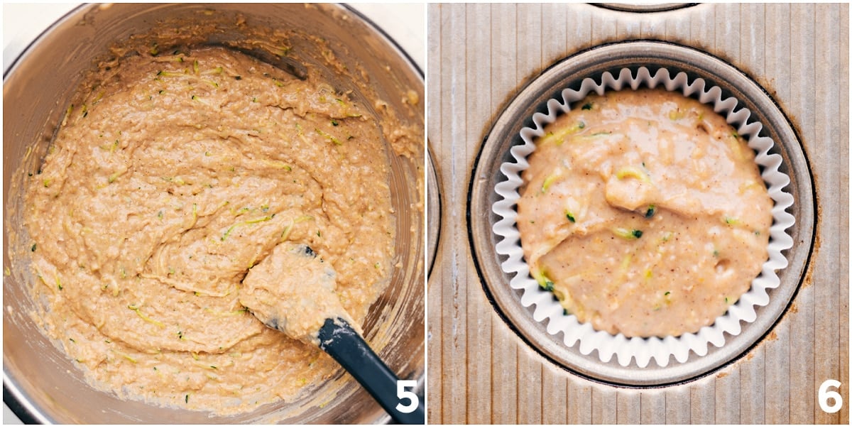 The batter added into the prepared muffin tins to bake.