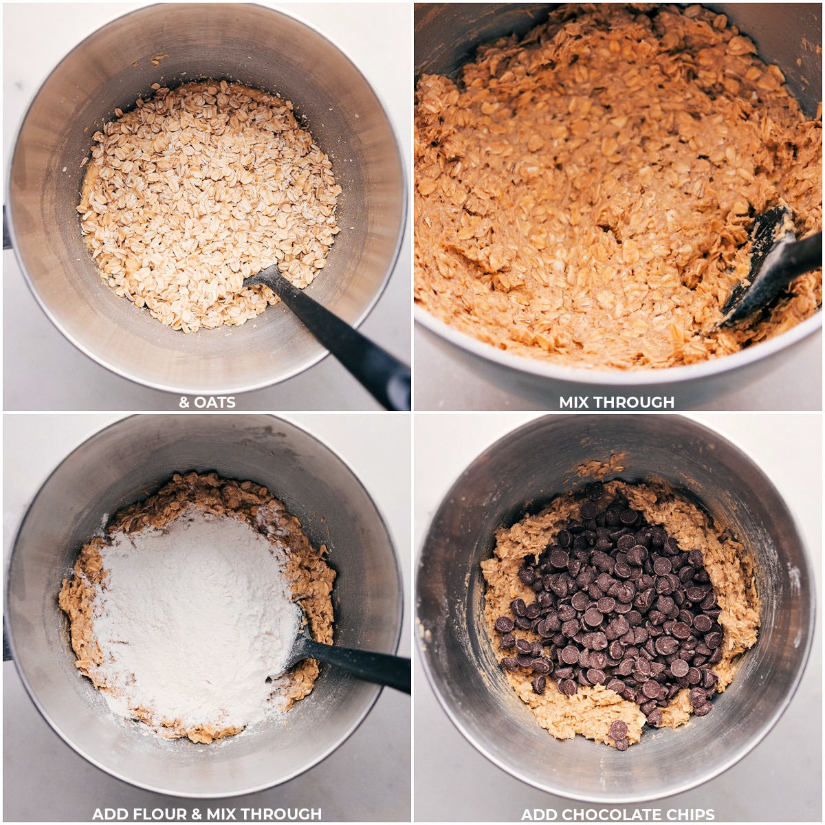 Everyones Favorite Coconut Oil Oatmeal Cookies Oats, flour, and chocolate chips being added to the batter.