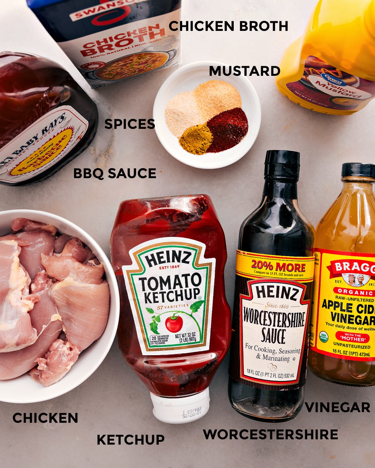 Ingredients In Crockpot BBQ Chicken Prep all the ingredients for easy assembly, including the meat, ketchup, Worcestershire sauce, vinegar, mustard, and broth.