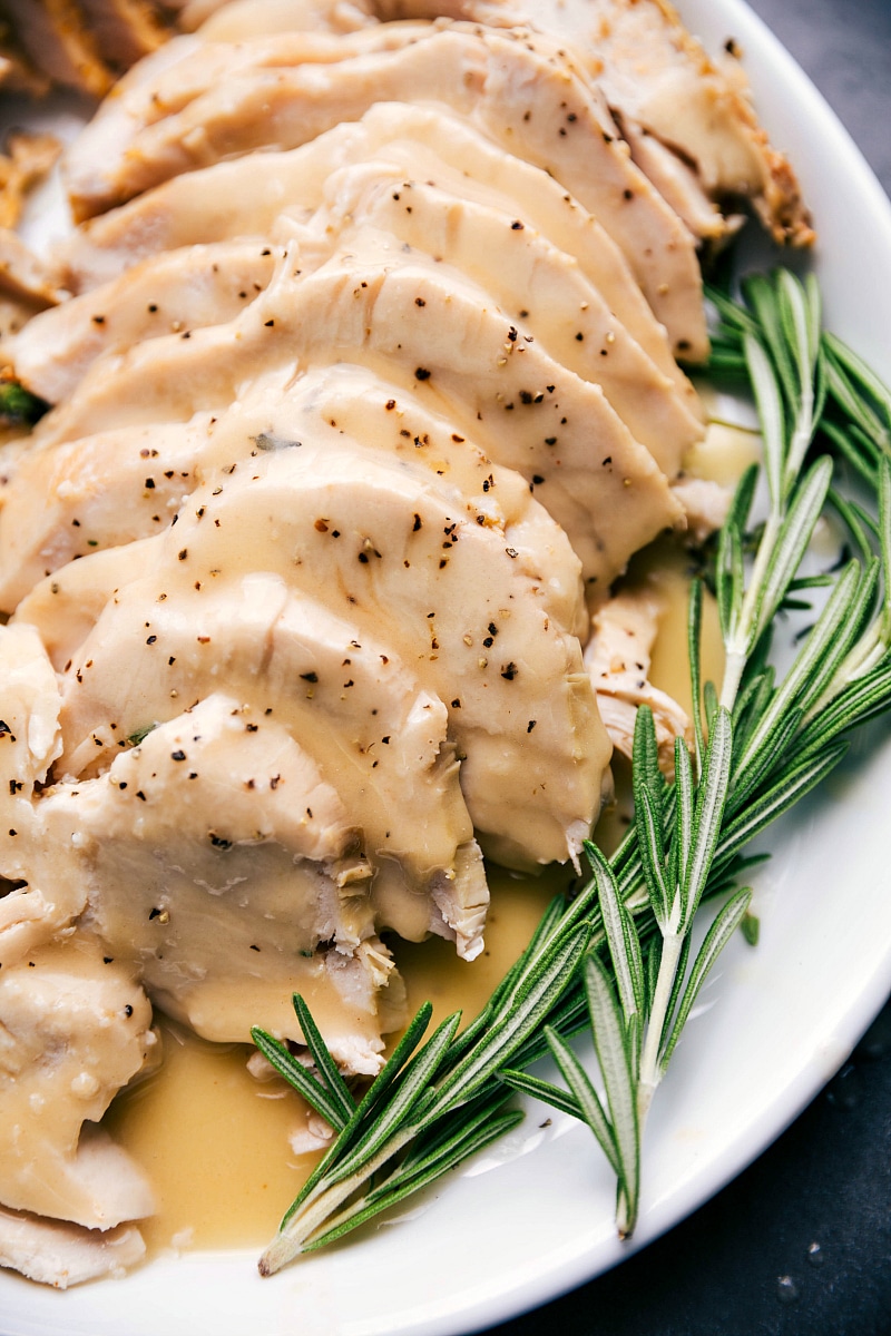 Delicious Sliced Turkey Bathed in Gravy Succulent slices of turkey lavishly drizzled with rich gravy, presented on a plate.