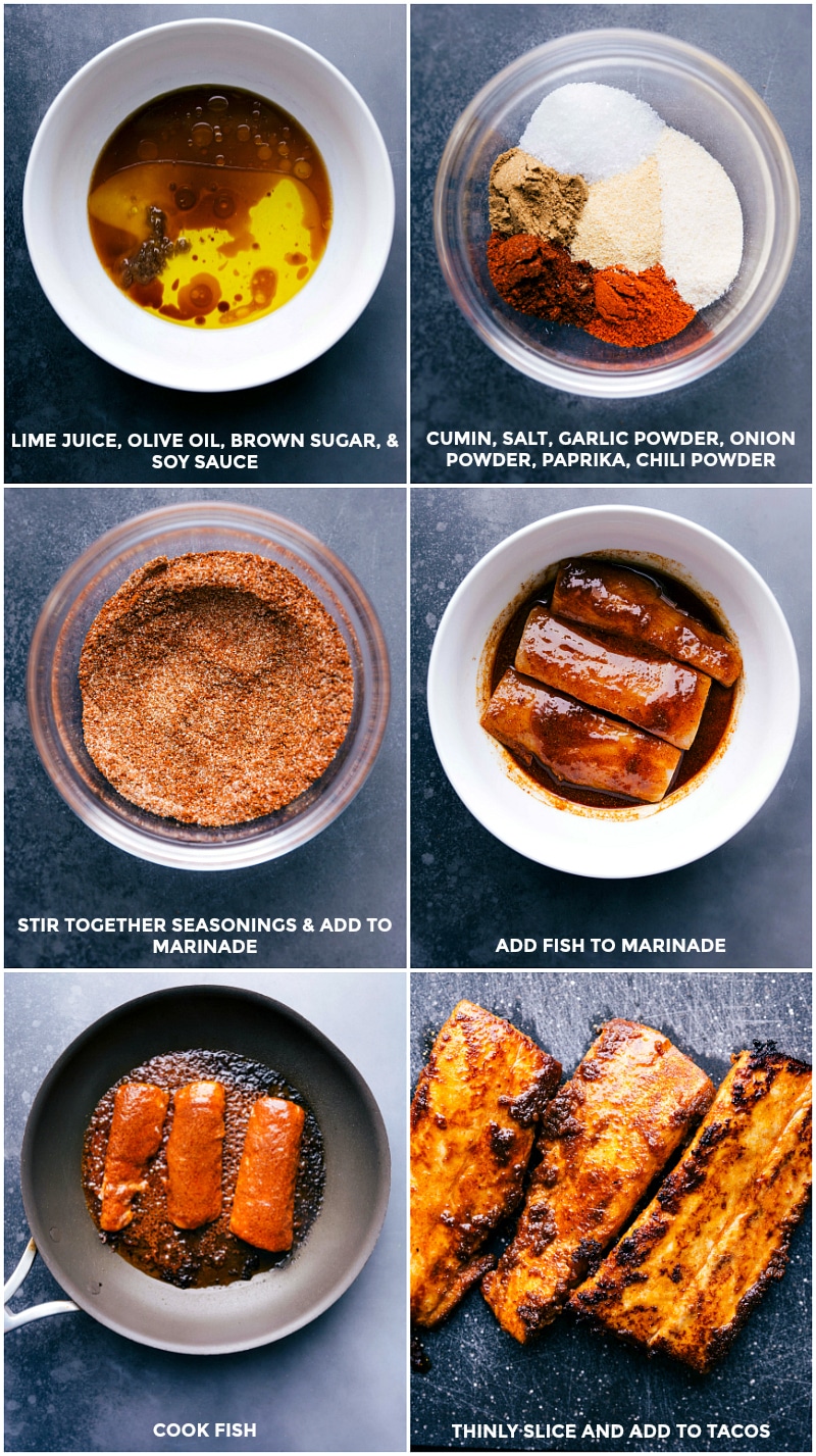 Fish Taco Preparation - Marinade and Seasoning Combining marinade ingredients, seasoning blend, and marinating the meat before cooking and thinly slicing.