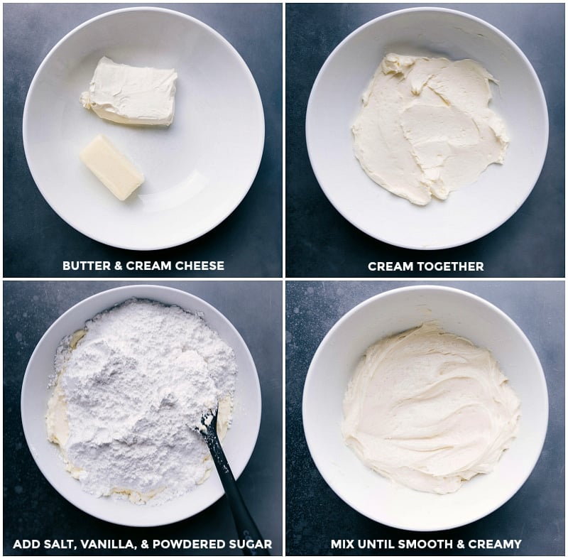 Preparing Cream Cheese Frosting - Smooth and Delicious Cream butter and cream cheese, then add salt, vanilla, and powdered sugar, mixing until smooth and creamy.