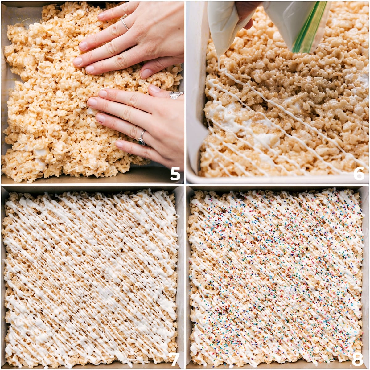 Drizzling Chocolate And Sprinkles On Top The recipe being spread into a 9x9 pan and topped with white chocolate.