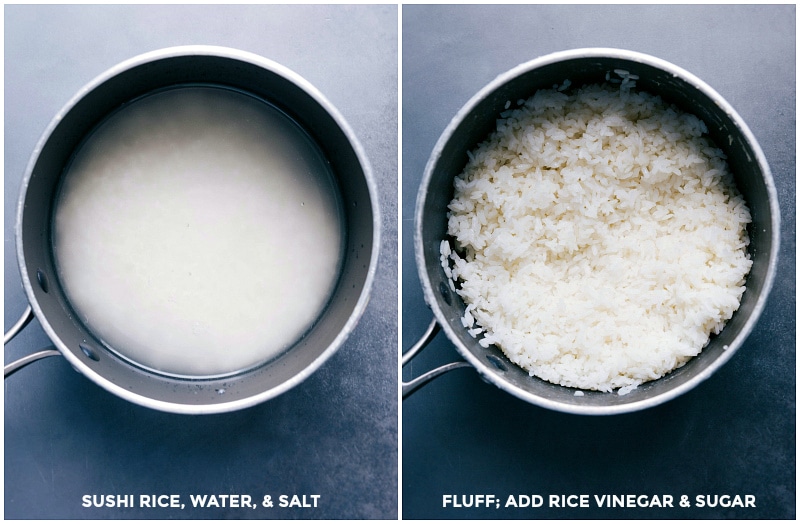 Sushi Rice Preparation: Before and After Cooking, Fluffing, and Seasoning Sushi rice shown before and after cooking, fluffing, and adding rice vinegar and sugar.