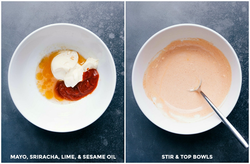 Preparing Spicy Mayo: Assembling Mayonnaise, Sriracha Sauce, Lime, and Sesame Oil Making spicy mayo by assembling mayonnaise, sriracha sauce, lime, and sesame oil.