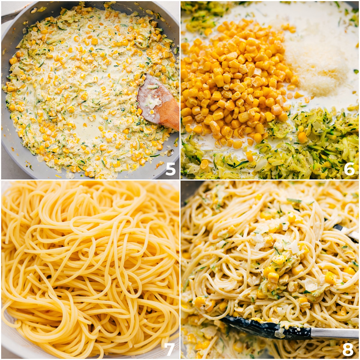 Favorite Zucchini Pasta Sauce Recipe That Couldn't Be Easier The cream and corn being added to the pot along with the cooked spaghetti noodles.