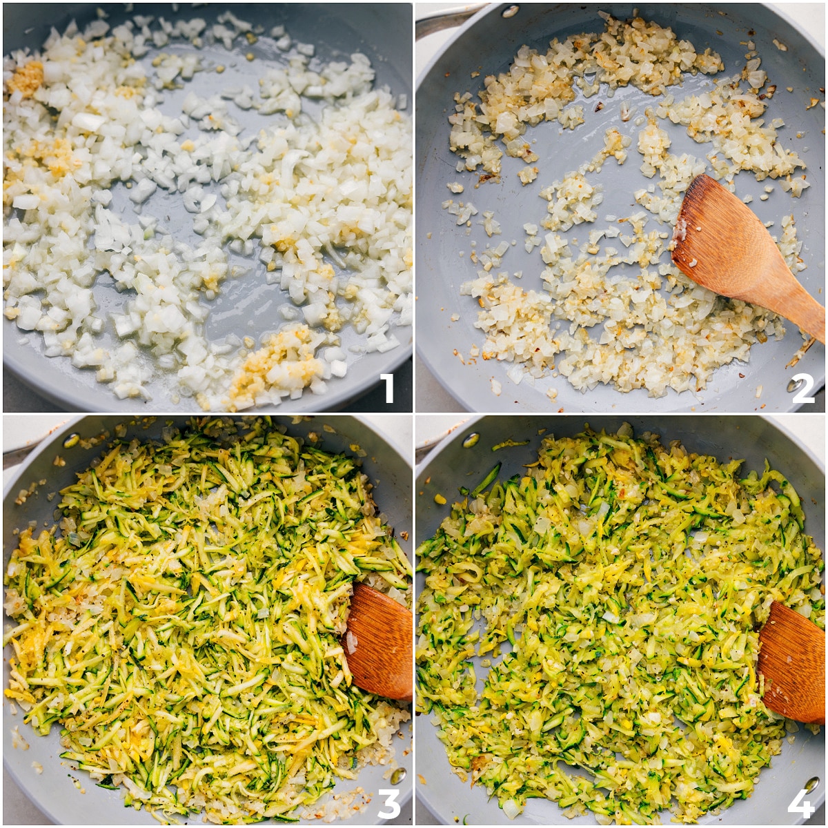 How To Make Zucchini Pasta Sauce The veggies including onion, garlic, and zucchini being sautéed in a pot for this Zucchini Pasta Sauce.