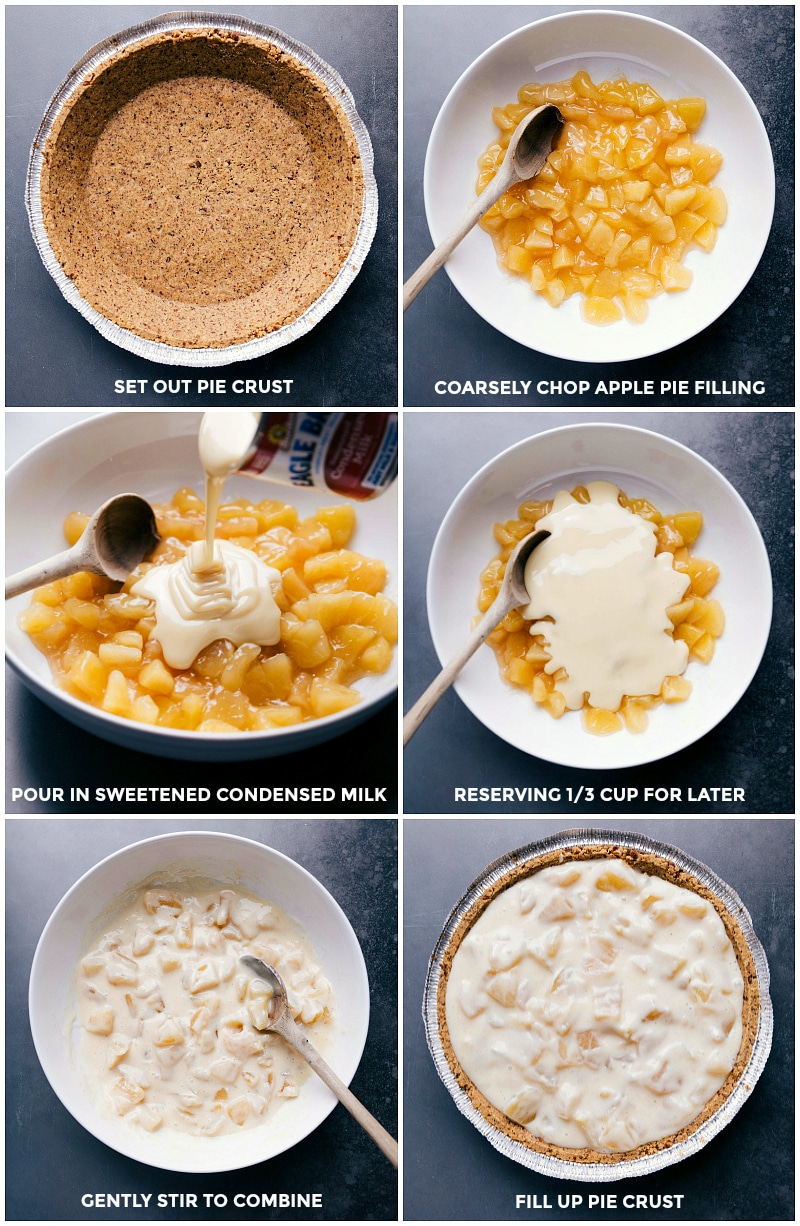 The perfect holiday pie! Recipe via ChelseasMessyApron #easy #best #homemade #recipe #topping #quick #simple #apple #streusel #pie Process shots: set out the pie crust; coarsly chop the apple pie filling; pour in the milk; stir to combine; fill the crust.