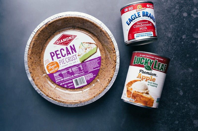 This simple Apple Streusel Pie starts with a pecan crust, creamy apple filling, crunchy streusel topping, and a drizzle over top. Recipe via ChelseasMessyApron #easy #best #homemade #recipe #topping #quick #simple #apple #streusel #pie Image of several products used in this Apple Streusel Pie recipe.