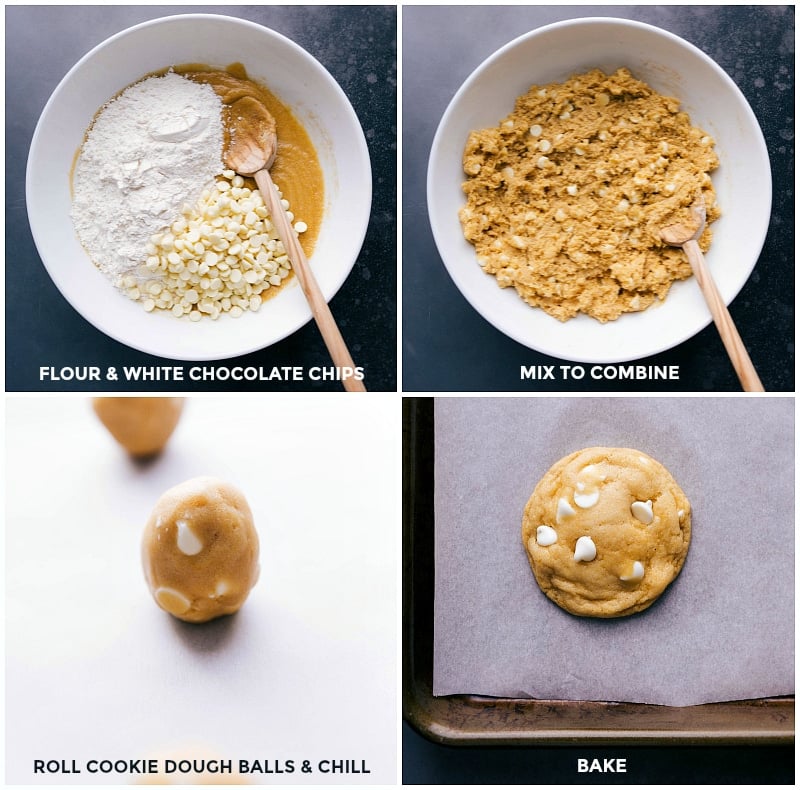 Key Steps in Cornmeal Cookie Recipe Adding dry ingredients over wet, rolling dough into balls, and baking to complete the cornmeal cookie recipe.