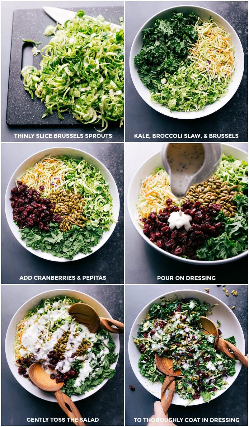This Kale Salad is loaded with great ingredients -- broccoli slaw, kale, Brussels sprouts, dried cranberries, and pepitas. The incredible lemon poppy seed dressing whips together in just a few minutes. Recipe via chelseasmessyapron #recipes #dressing #massaged #chopped #best #healthy #quick #delicious #side #kale #salad Process shots-- images of the Brussel sprouts, kale, and broccoli slaw, cranberries, and pepitas being added to a bowl and being mixed together and dressing being poured over it