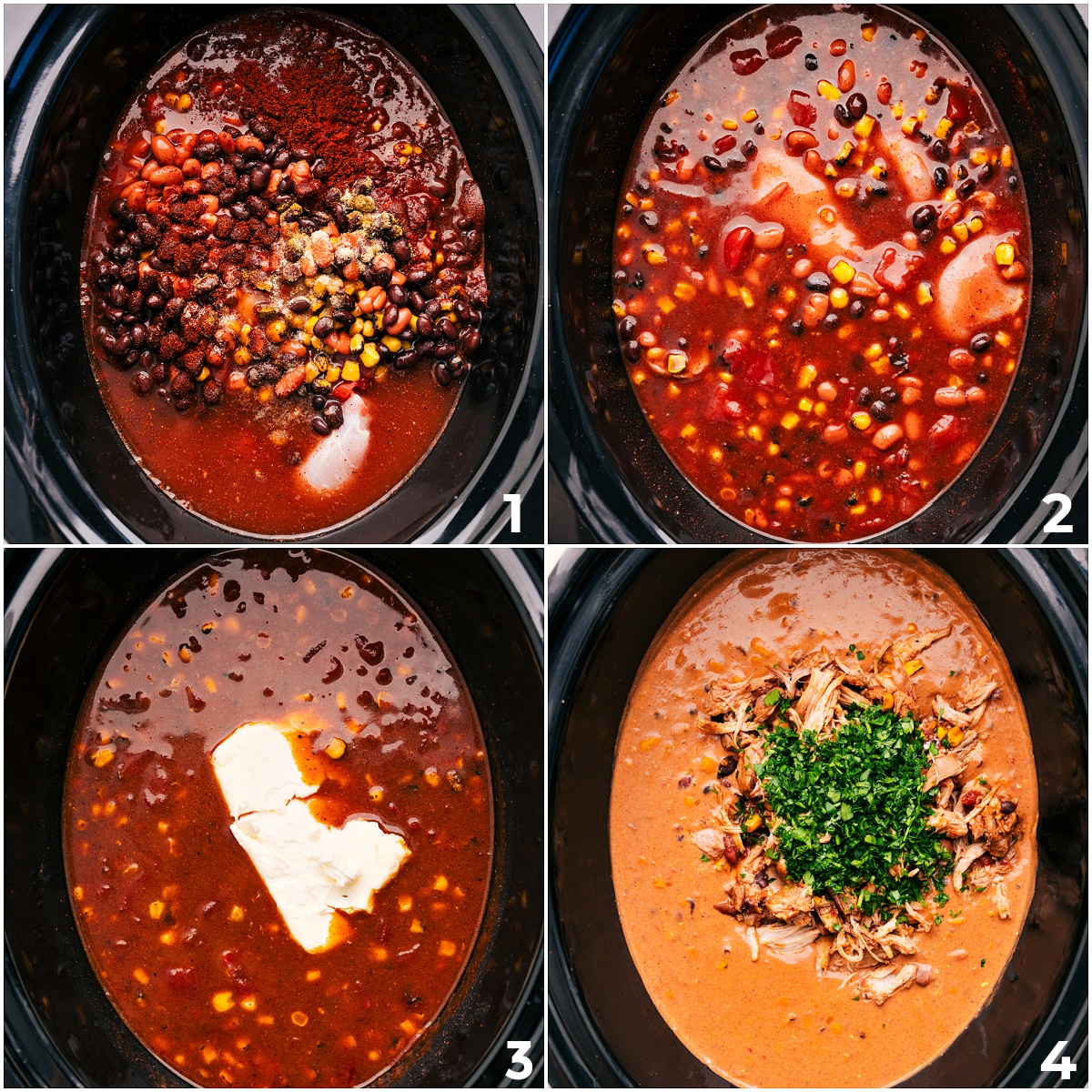 How To Make Chicken Chili Add all the ingredients to the crockpot and cook them together. Once the cooking is done, remove the chicken to shred it, then add it back in with cream cheese and fresh cilantro for this chicken chili.