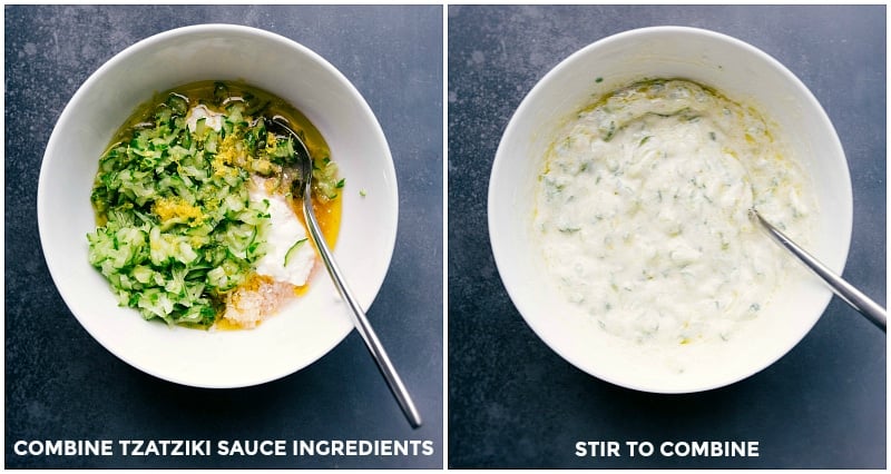 Tzatziki Sauce Ingredients - Fresh and Creamy Ingredients for Tzatziki sauce, including yogurt, cucumber, garlic, and dill, before and after mixing.