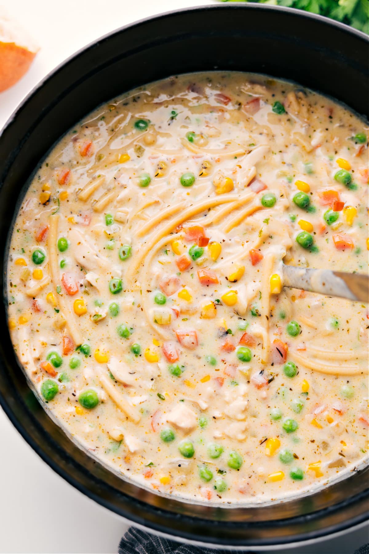 One Pot Creamy Chicken Noodle Soup Recipe The soup in the pot ready to be served and enjoyed.