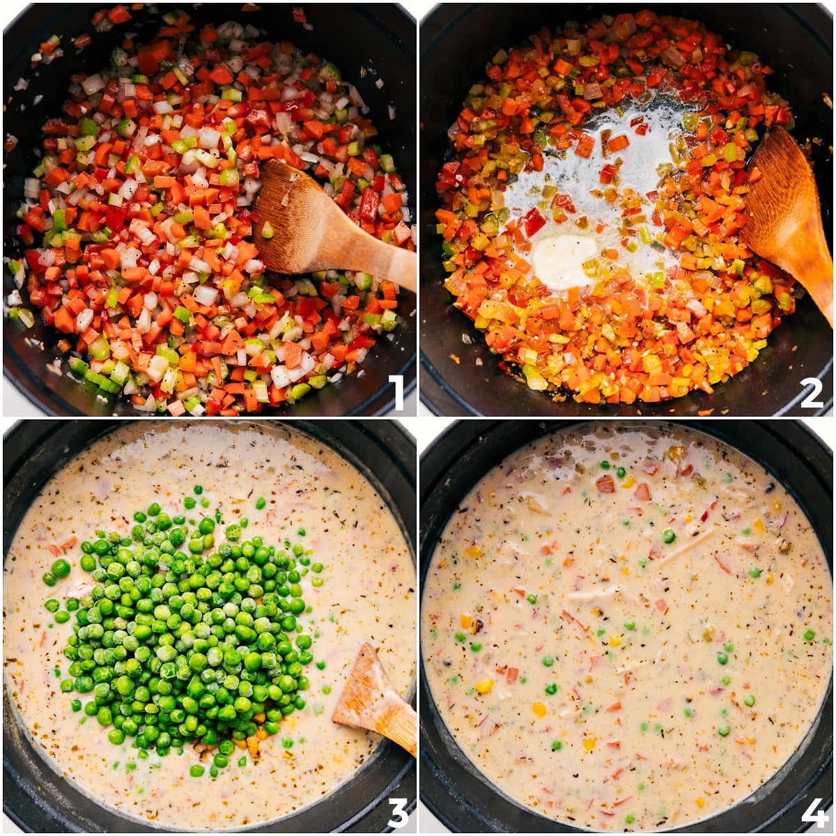 How To Make Creamy Chicken Noodle Soup Recipe Sautรฉed veggies with cream base, pasta, and peas for creamy chicken noodle soup recipe.