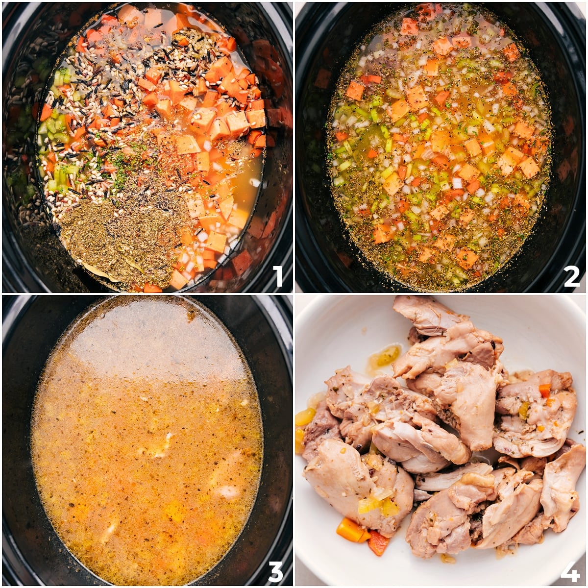 How To Make Crockpot Chicken Wild Rice Soup Add all the ingredients for this Crockpot Chicken Wild Rice Soup to the slow cooker. Remove the meat after cooking to shred.