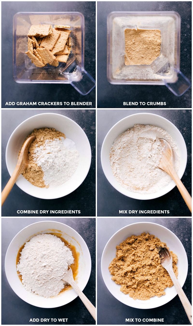 Combining Dry and Wet Ingredients Blending graham crackers into fine crumbs, adding to dry ingredients and combining, then mixing dry ingredients with wet ingredients until fully combined.