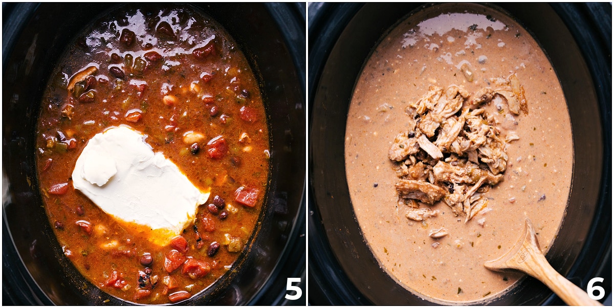 How To Make Green Chicken Enchilada Soup Cream cheese is added to the crockpot, along with the shredded, cooked meat.