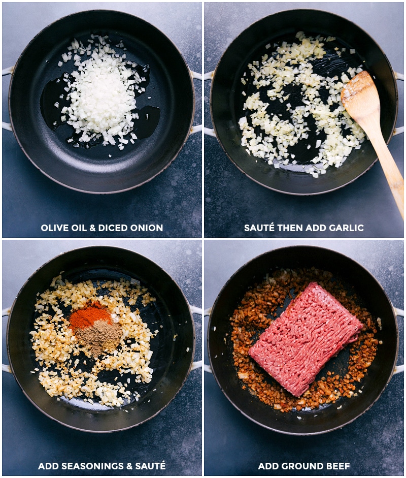 Sautรฉing Onion and Garlic for Meat Filling - Flavorful Cooking Sautรฉing onion in olive oil and then adding garlic, additional seasonings, and meat to continue browning.