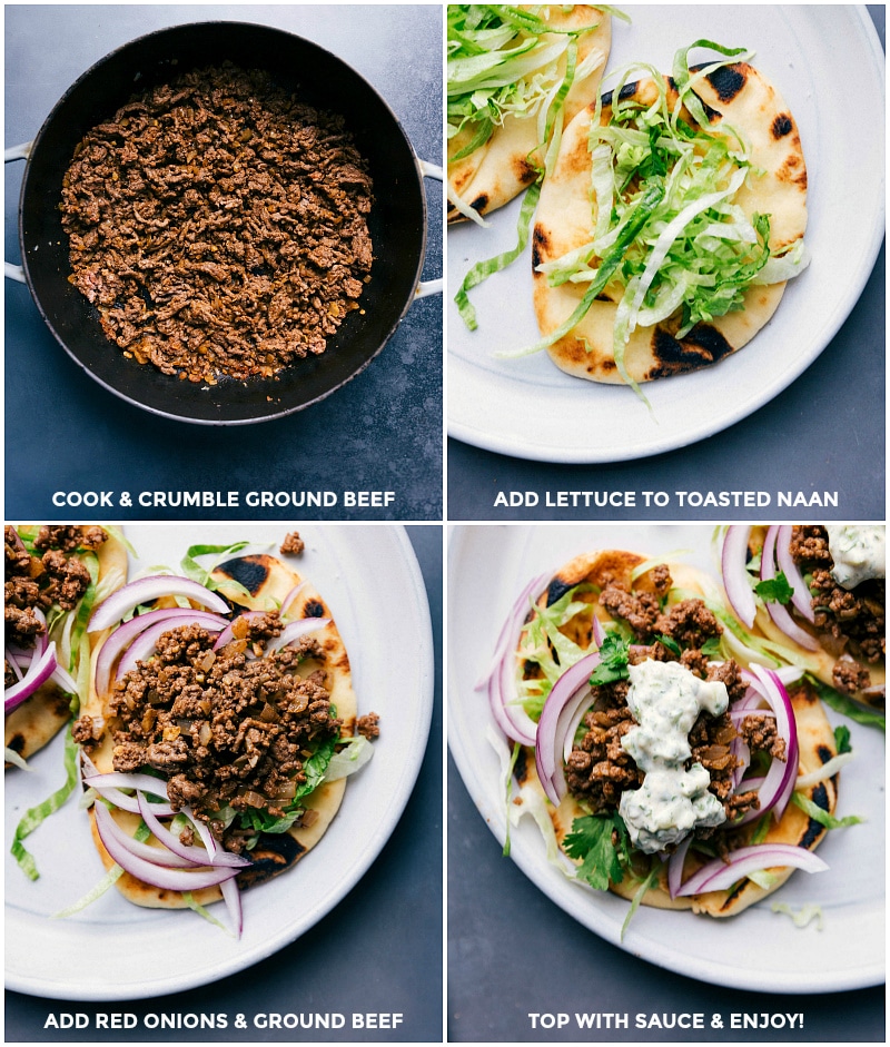 Assembling Ground Beef Naan Tacos - Tasty and Satisfying Cooking and crumbling ground beef, adding lettuce to toasted naan, adding beef and onions, and topping with sauce for the ground beef naan tacos recipe.