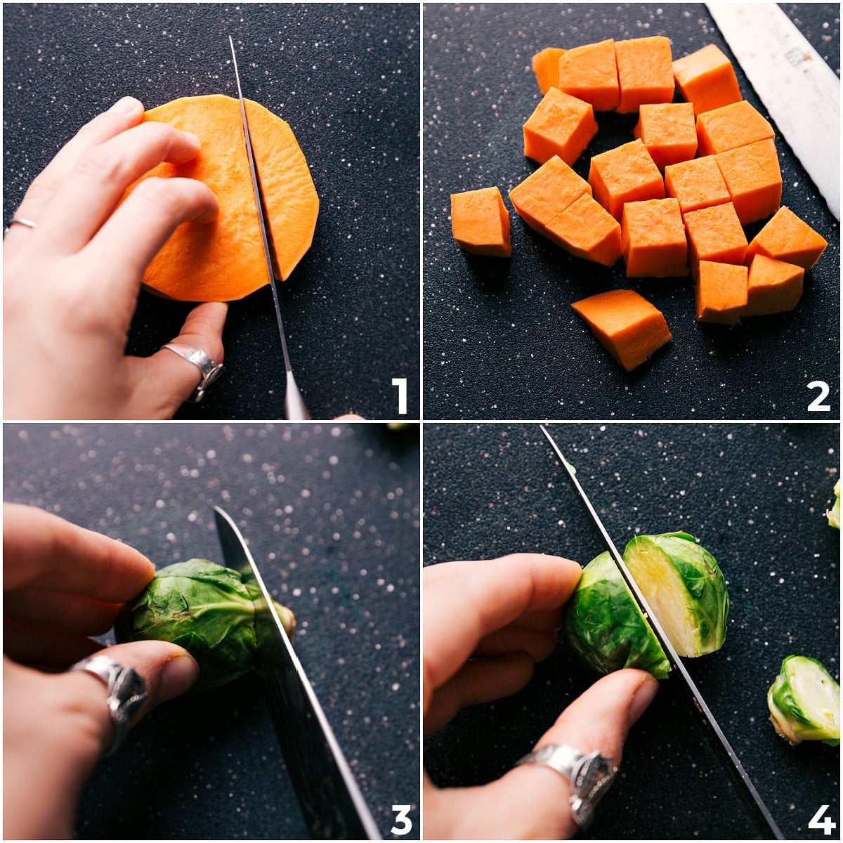 How To Make Potatoes and Brussels sprouts being chopped for Harvest Vegetables and Sausage Potatoes and Brussels sprouts being chopped for Harvest Vegetables and Sausage.