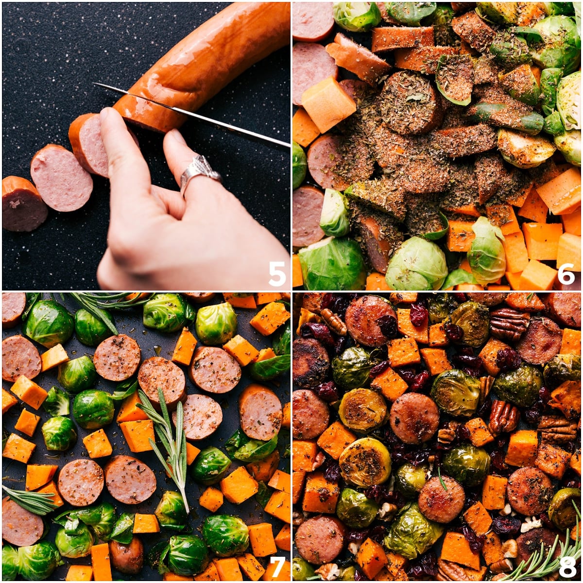 How To Roast Veggies And Sausage For A Fall Feast Slicing the sausage and adding all ingredients to the sheet pan.