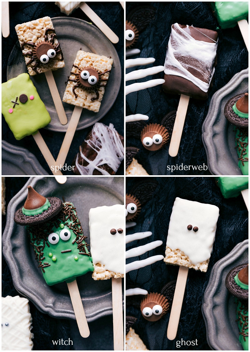 Halloween Rice Krispie Treats Recipe - Spooky Spider, Witch, Ghost, and Web Treats The completed halloween rice krispie treats recipe featuring creatively decorated spider, spiderweb, witch, and ghost treats.