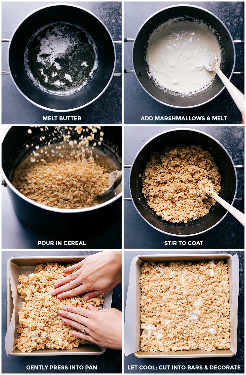 Cooking Process for Delicious Marshmallow Cereal Bars Melting butter, adding marshmallows, cereal, stirring, and setting in a pan to cool, the base for this delicious dessert.