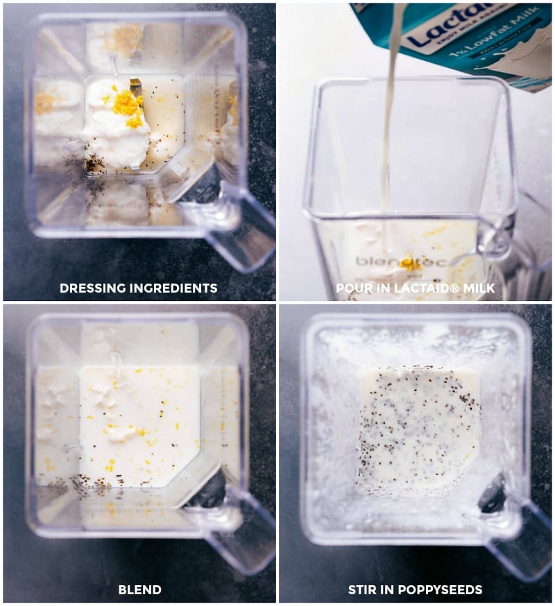 This Kale Salad is loaded with great ingredients -- broccoli slaw, kale, brussels sprouts, dried cranberries, and pepitas. This kale salad is nutritious and crunchy with sweet pops of flavor from the dried cranberries and citrus-y dressing. Recipe via chelseasmessyapron #recipes #dressing #massaged #chopped #best #healthy #quick #delicious #side #kale #salad Process shots-- making the dressing in the blender