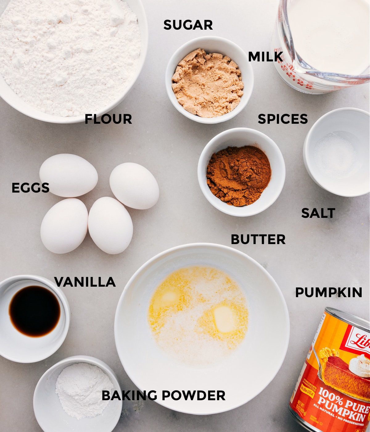Ingredients In Pumpkin Waffles Recipe All the ingredients in this recipe are prepped for easy assembly, including sugar, milk, spices, salt, butter, eggs, flour, baking powder, vanilla, and cocoa powder.