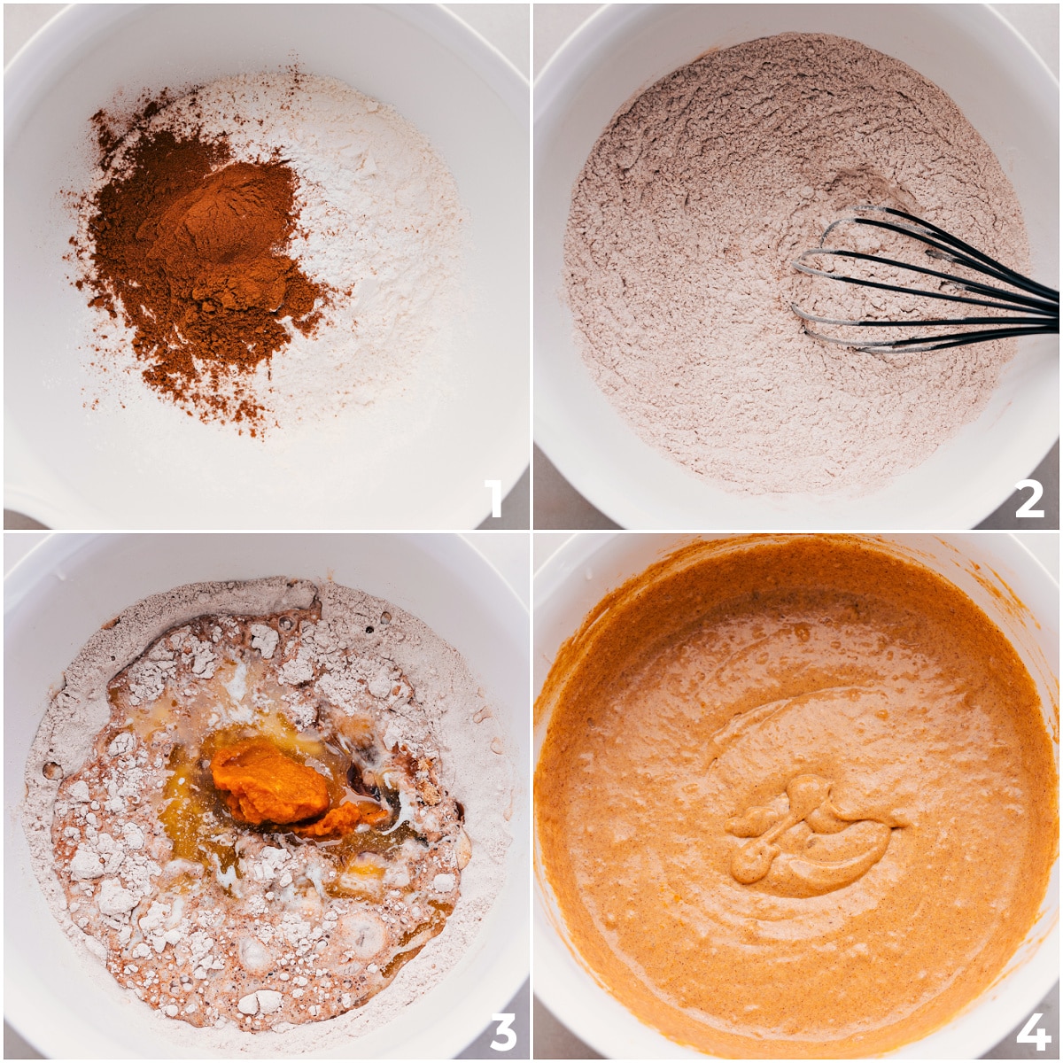 How To Make Pumpkin Waffles The wet and dry ingredients are being mixed together for these pumpkin waffles.